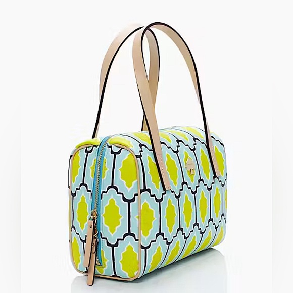 Kate Spade Cabana Tile Damien Bright Blue Green Graphic Satchel Rare - Picture 3 of 15